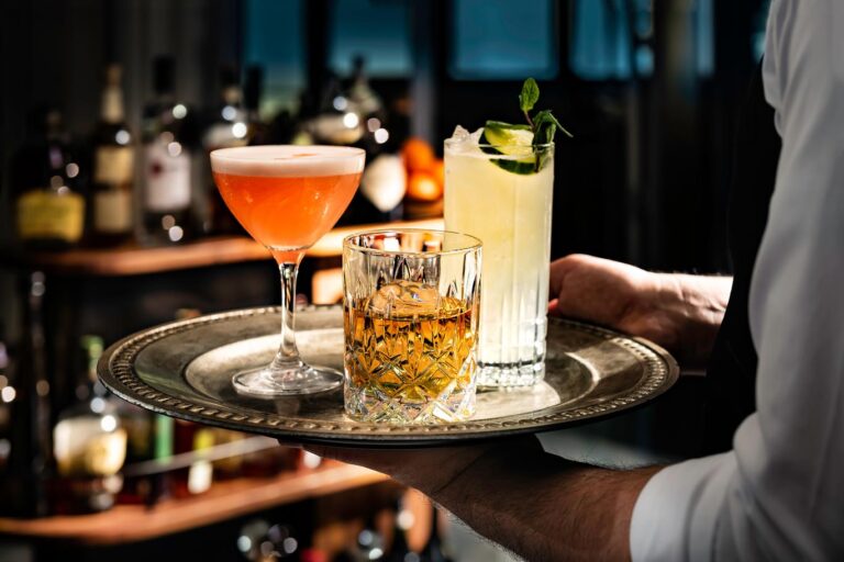 Bar Events Loaded Tray of Cocktails Carried by Server 768x512